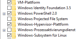 WSL 2 auf Windows 10 – Aktivieren Sie das Windows-Feature “VM-Plattform”, und stellen Sie sicher, dass die Virtualisierung im BIOS aktiviert ist.